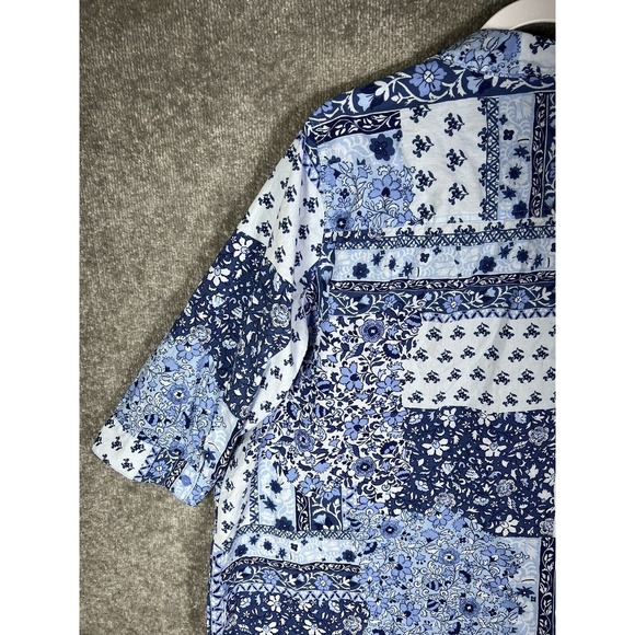 Woman Within 1/2 Sleeve V-Neck Floral Patchwork Popover Top Womens 18/20 Blue - Picture 10 of 14